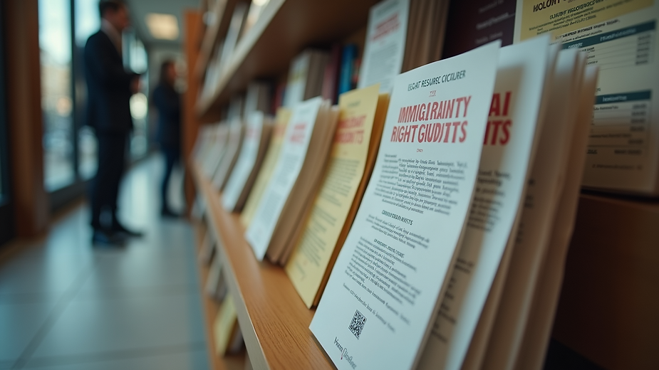Eye-level view of a legal resource center with pamphlets about immigrant rights