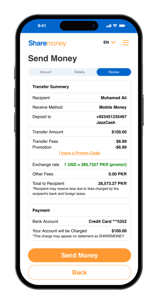 ShareMoney app showing a money transfer to Pakistan with JazzCash delivery
