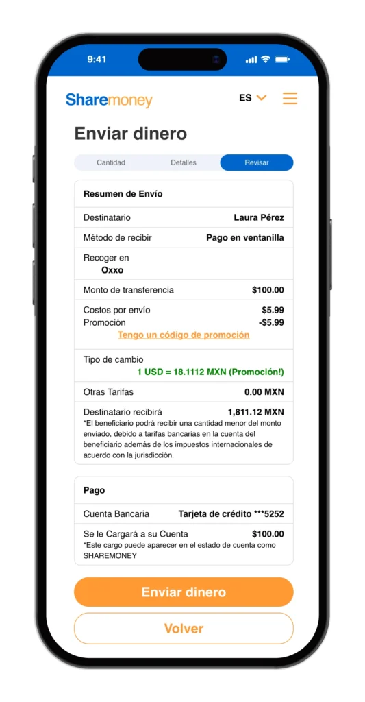 ShareMoney app showing money transfer confirmation to Mexico from the US
