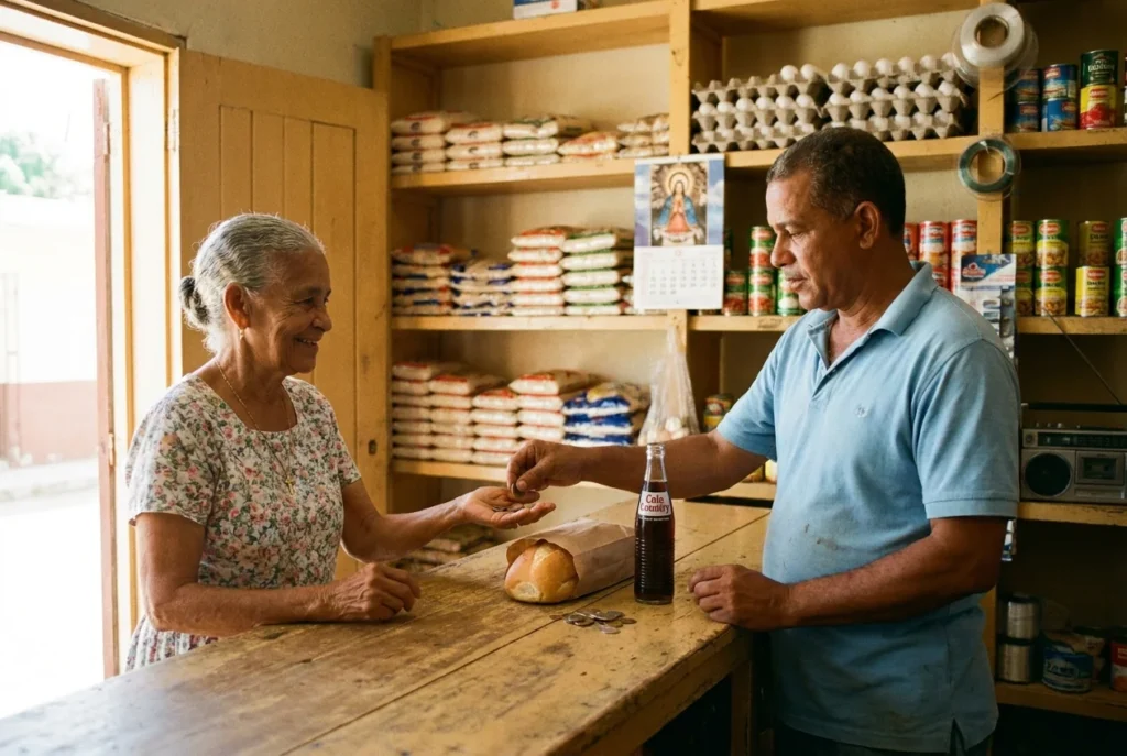 Dominican grandmother receiving pesos in change at a neighborhood colmado