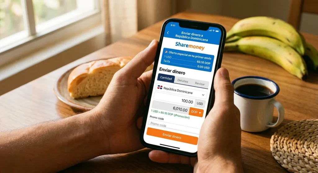 ShareMoney app showing usd to dop exchange rate of 60.10 DOP