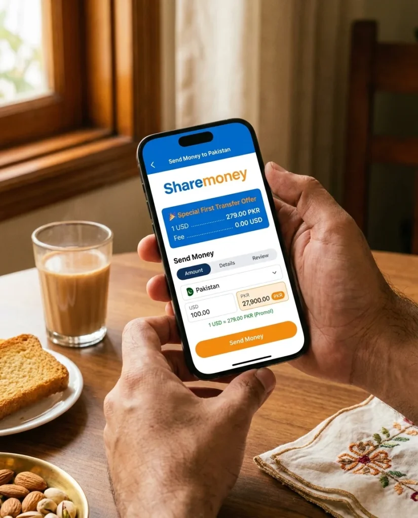 ShareMoney app showing usd to pkr exchange rate of 279 PKR to send money to Pakistan