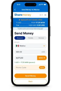 sharemoney app showing usd to mxn exchange rate for sending money to mexico