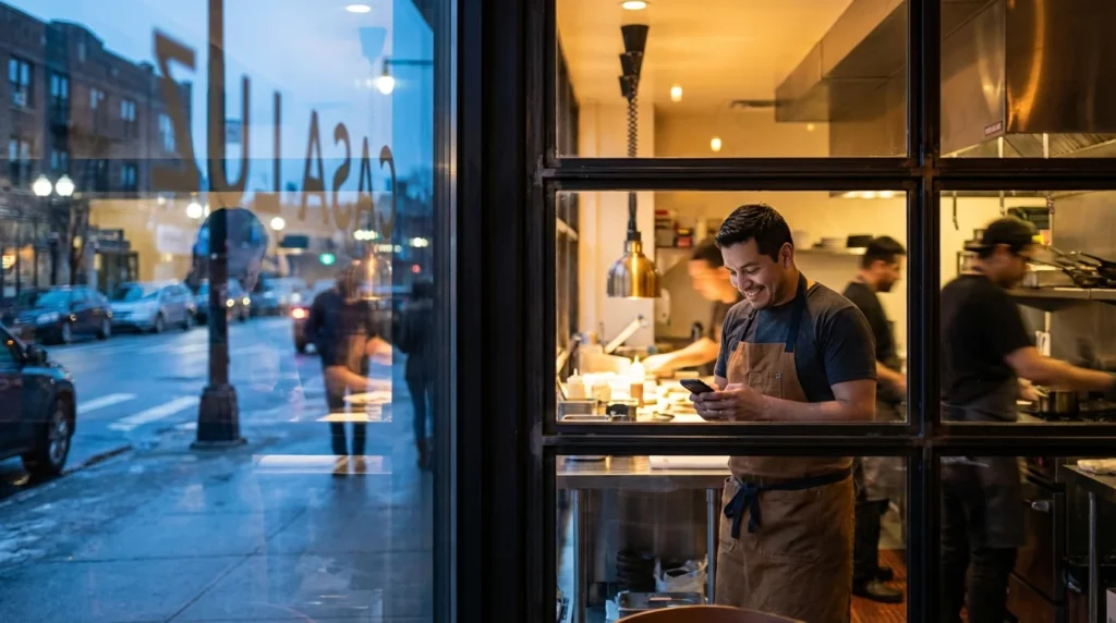Restaurant worker checking his phone inside a warmly lit kitchen after his shift, seen through the restaurant window at dusk
