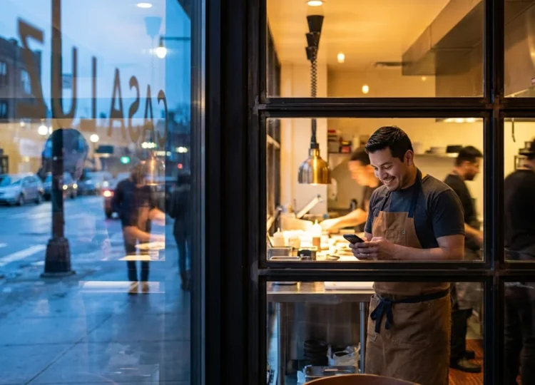 Restaurant worker checking his phone inside a warmly lit kitchen after his shift, seen through the restaurant window at dusk
