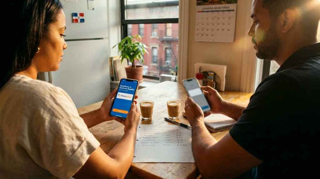 dominican american couple comparing remittance apps to find cheapest way to send money to dominican republic
