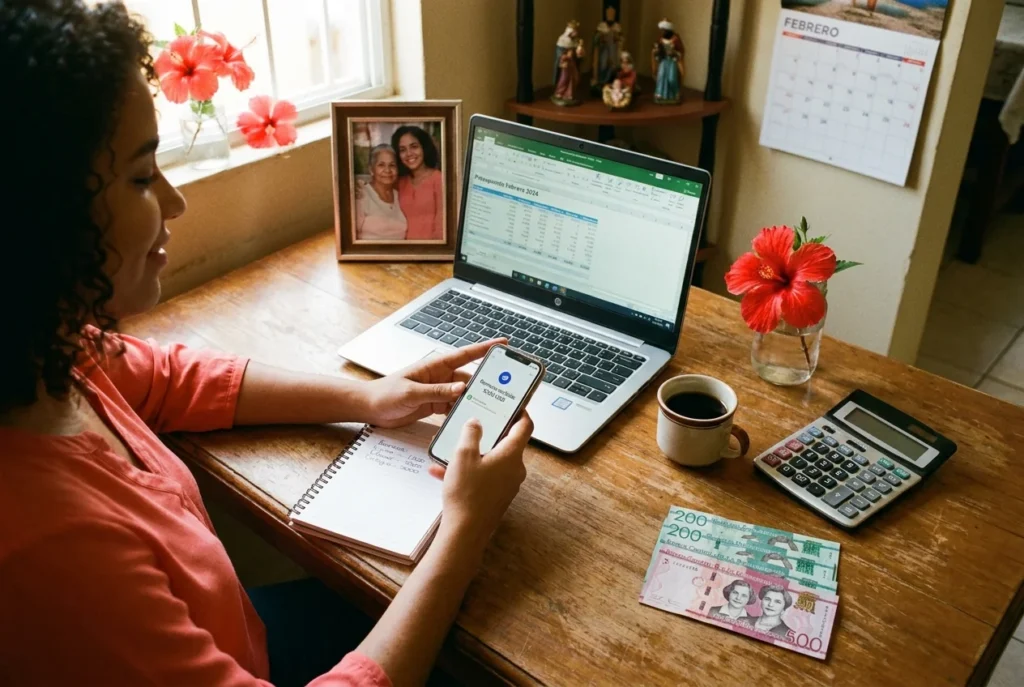 young dominican woman organizing her finances and receiving remittance notification from usa
