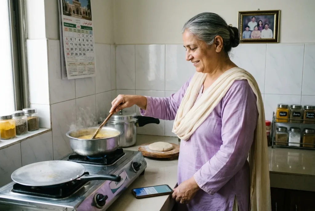 Pakistani mother cooking dal at home in Lahore receiving a money transfer notification on her phone