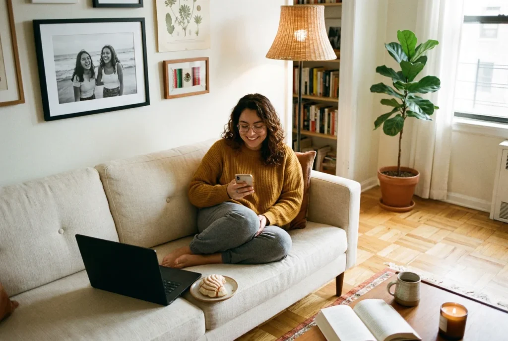 Mexican woman in Mexico City living room receiving BBVA Bancomer remittance notification via ShareMoney
