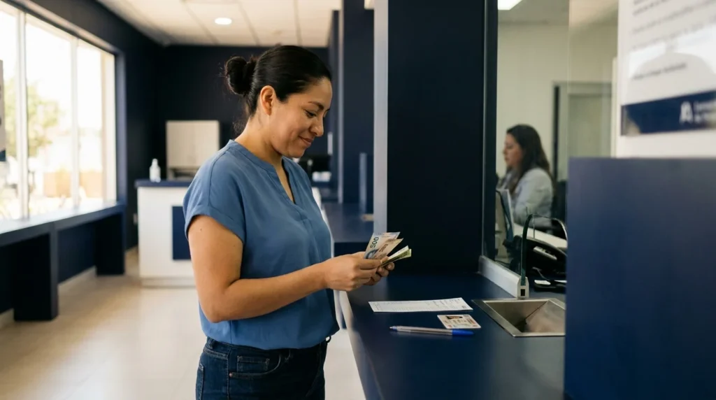 mexican woman receiving mexican pesos at the usd to mxn exchange rate at a bank teller