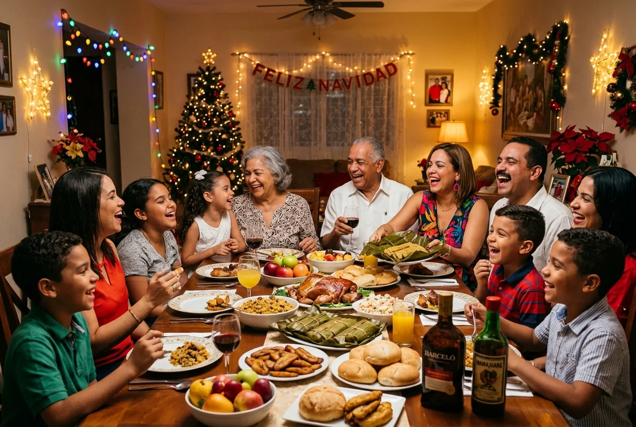 Familia dominicana celebrando la Navidad, financiada en parte por las remesas desde USA