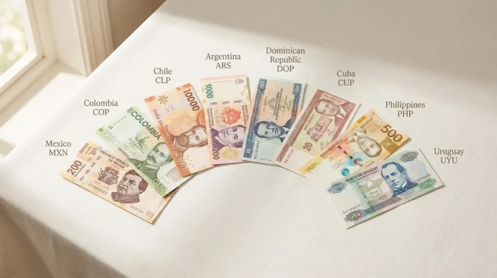 Where are pesos used — peso currencies from 8 countries: Mexico, Colombia, Argentina, Chile, Dominican Republic, Cuba, Philippines and Uruguay