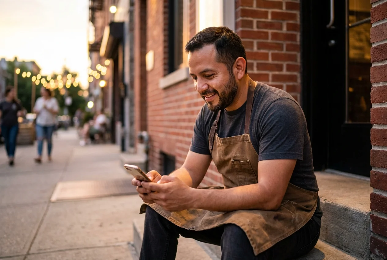 Latino restaurant worker sending money to family after his shift using ShareMoney app