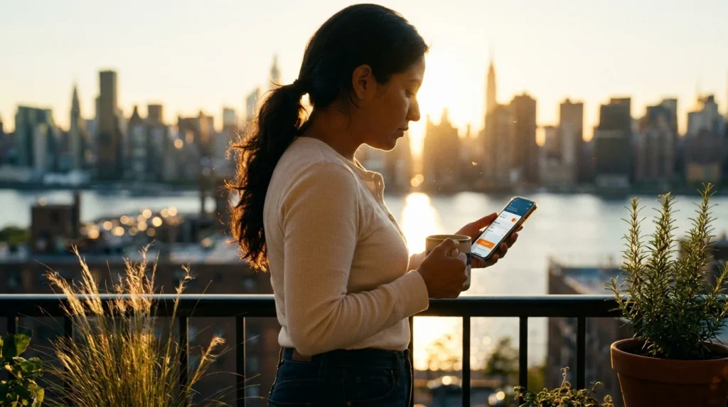 professional Mexican-American sender on Queens balcony at golden hour using ShareMoney to send money to bbva bancomer from the usa