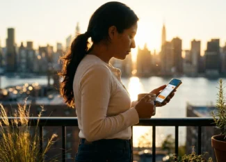 professional Mexican-American sender on Queens balcony at golden hour using ShareMoney to send money to bbva bancomer from the usa