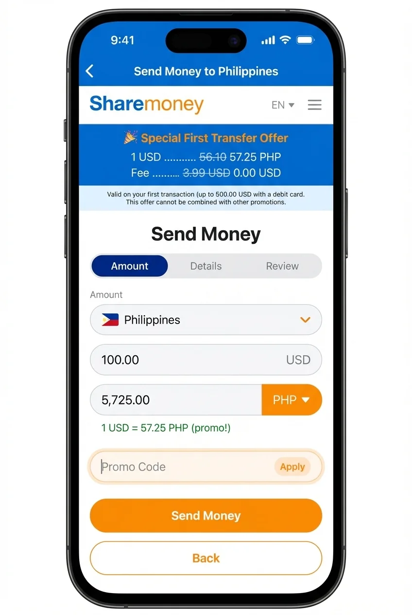 Send money to BDO from the USA using the ShareMoney app