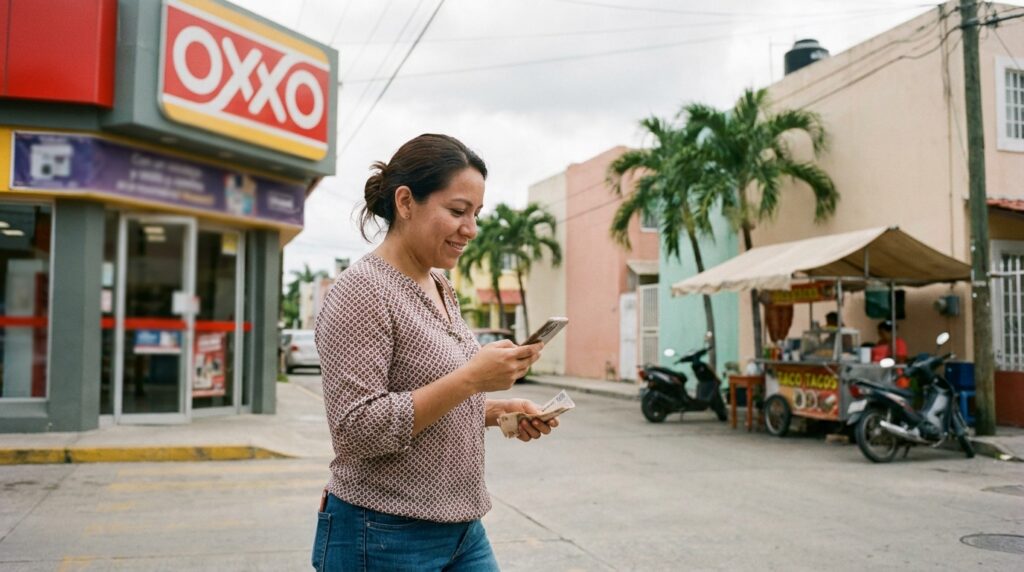 Send money to OXXO from USA: Mexican woman receiving pesos at an OXXO store with the ShareMoney app.