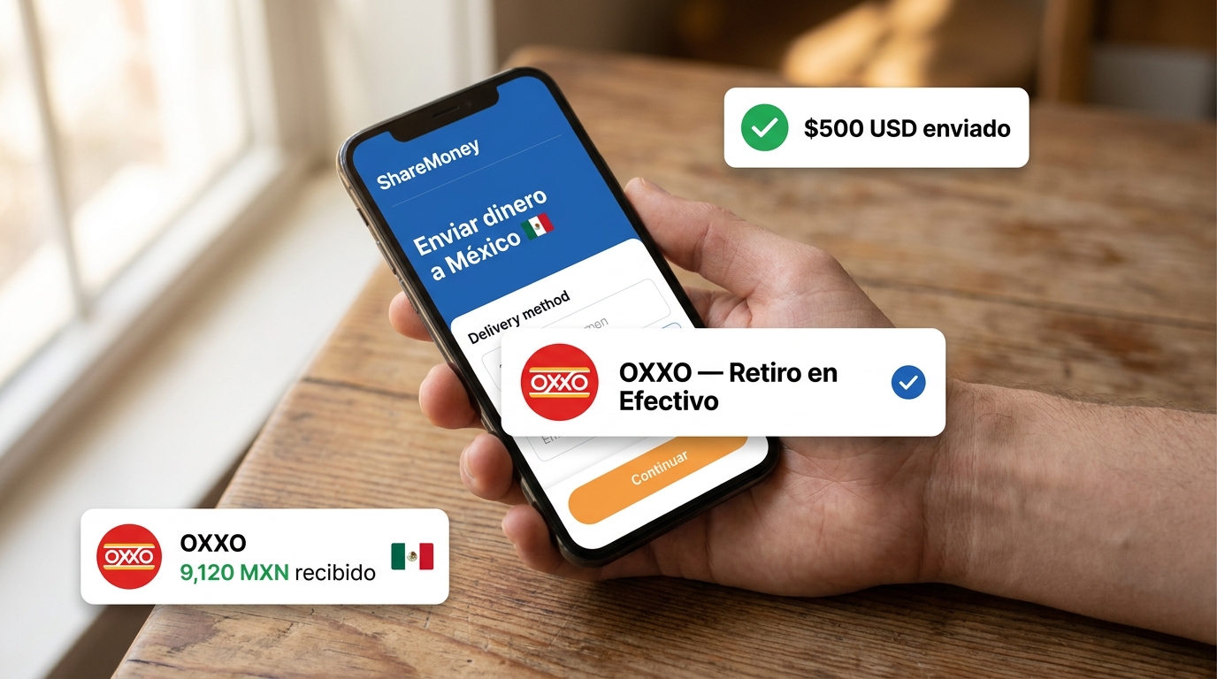 ShareMoney app showing how to send money to OXXO from USA with cash pickup at 25,000+ OXXO stores.