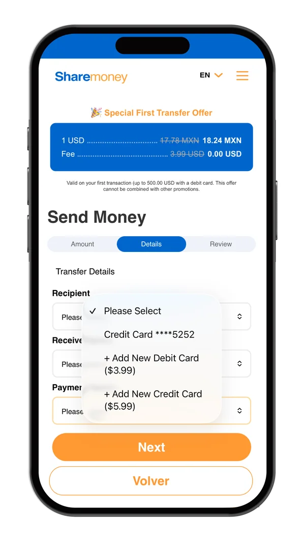 ShareMoney app showing how to add a debit card for international money transfers