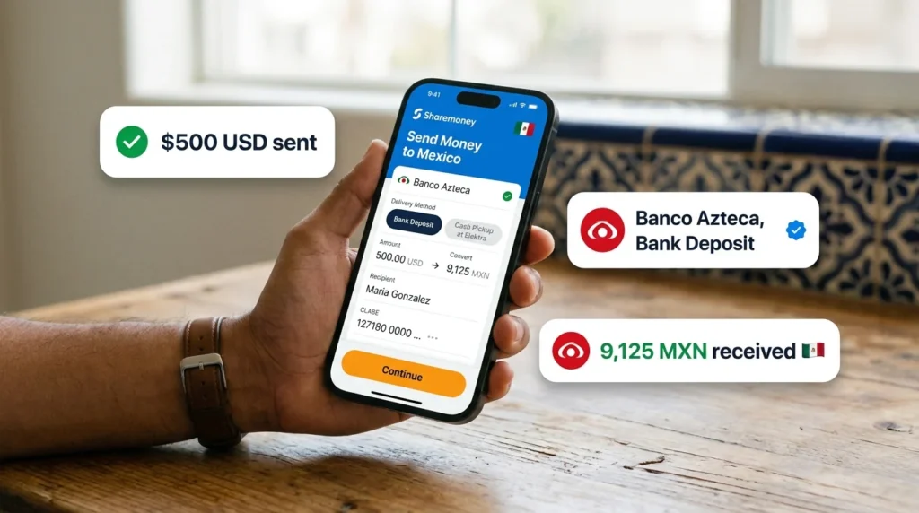 sharemoney app sending money to banco azteca mexico with clabe