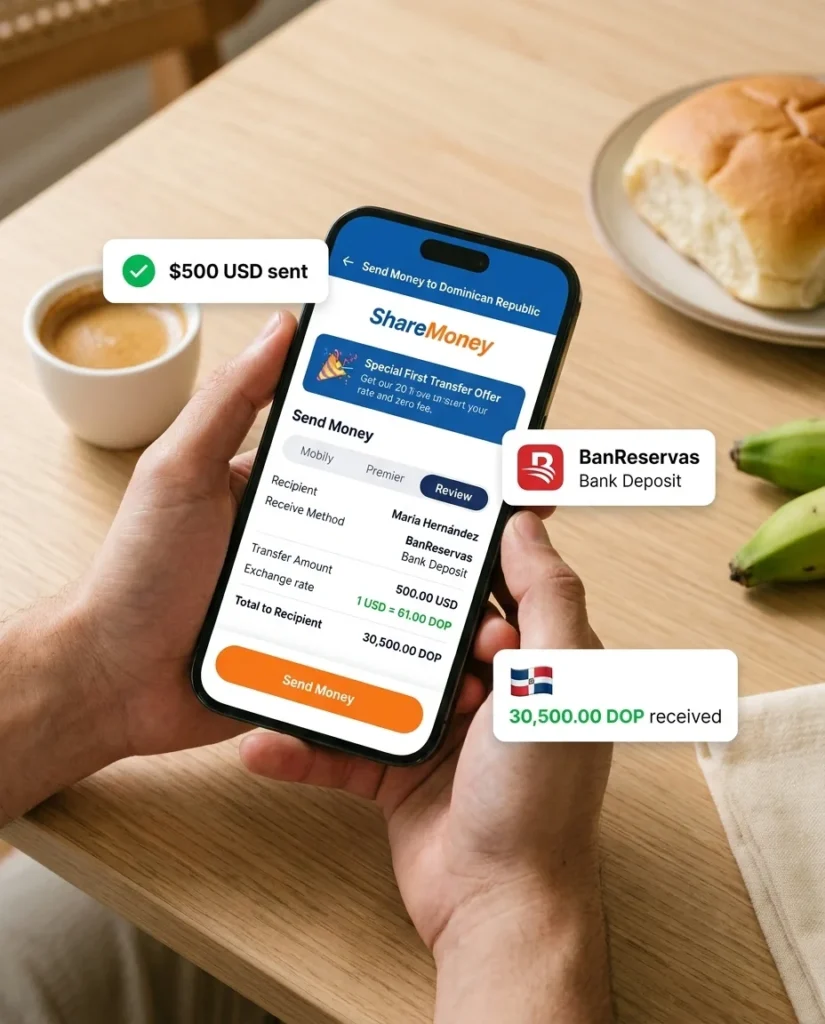 sharemoney app sending bank deposit to banreservas account in dominican republic