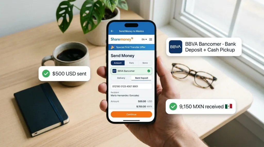 ShareMoney app mockup showing send money to BBVA Bancomer Mexico with CLABE bank deposit and cash pickup options