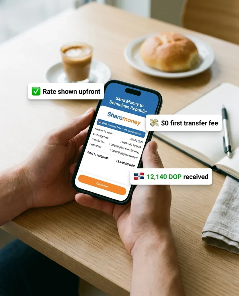 sharemoney app showing transparent cost breakdown for sending money to dominican republic