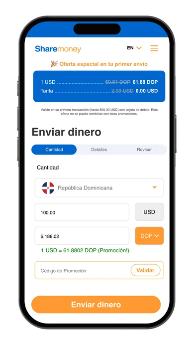 ShareMoney app enviando dinero a República Dominicana con tipo de cambio en pesos dominicanos