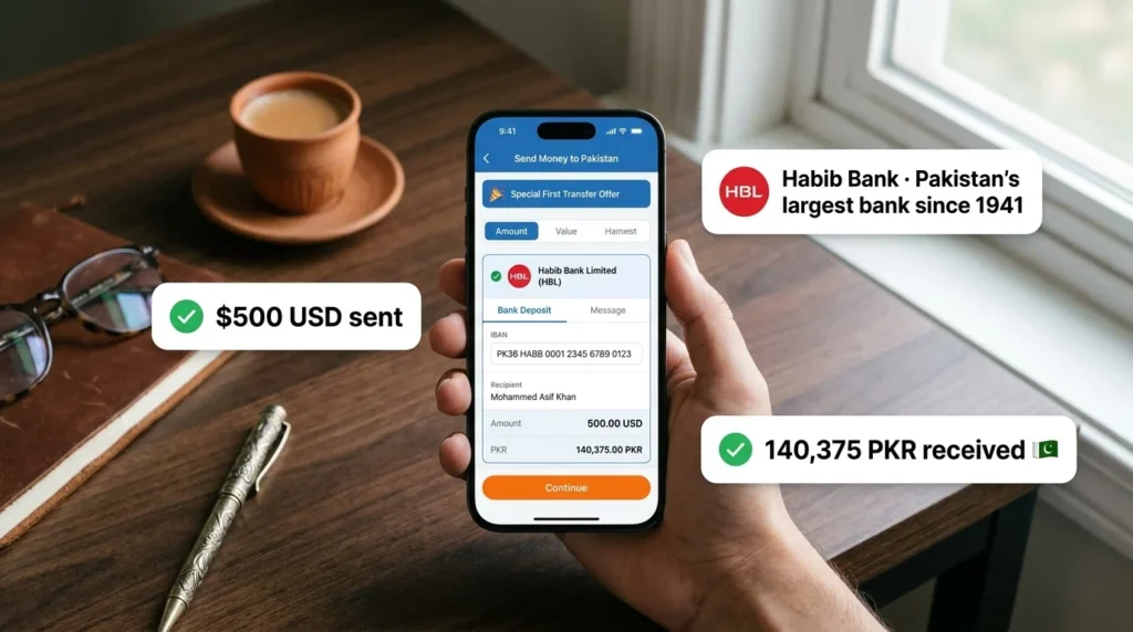 ShareMoney app mockup showing send money to Habib Bank Pakistan with IBAN bank deposit confirmation