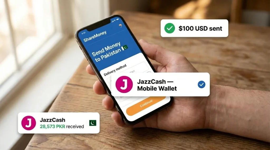 sharemoney app screen showing send money to jazzcash from the usa to a pakistani mobile wallet