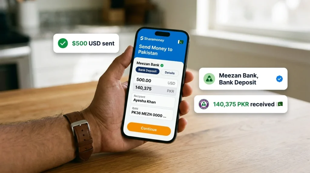 sharemoney app sending money to meezan bank pakistan with iban