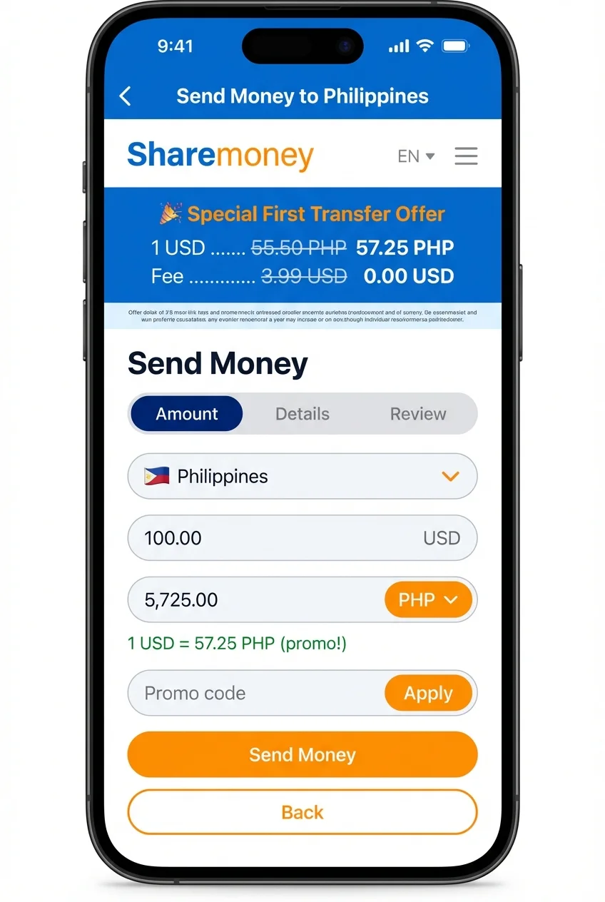 ShareMoney app showing USD to PHP exchange rate for sending money to the Philippines