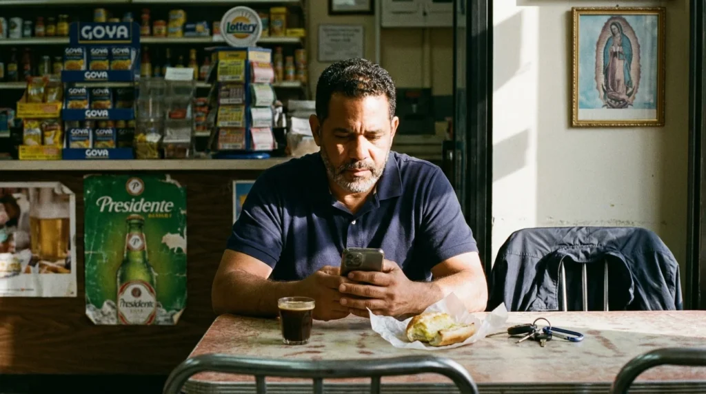 Dominican man checking usd to dop exchange rate on his phone at a bodega