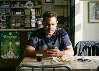 Dominican man checking usd to dop exchange rate on his phone at a bodega