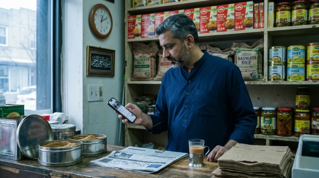 Pakistani-American shop owner checking usd to pkr exchange rate on his phone at a desi grocery store