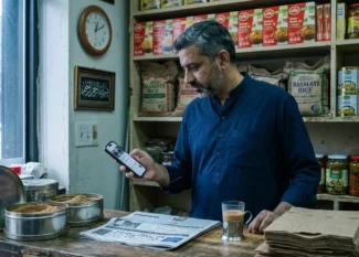Pakistani-American shop owner checking usd to pkr exchange rate on his phone at a desi grocery store
