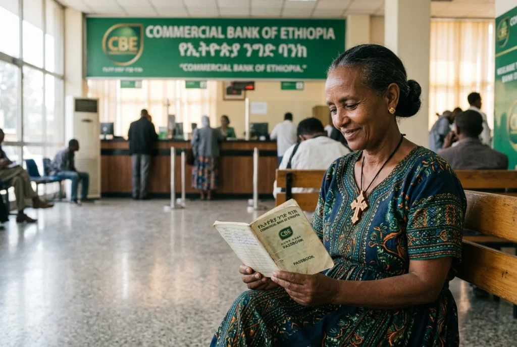 Ethiopian mother receiving remittance at CBE Commercial Bank of Ethiopia branch in Addis Ababa