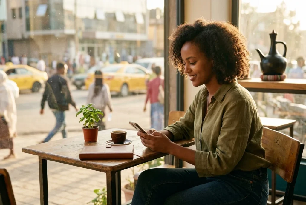 Young Ethiopian receiver checking telebirr notification after remittance from the USA