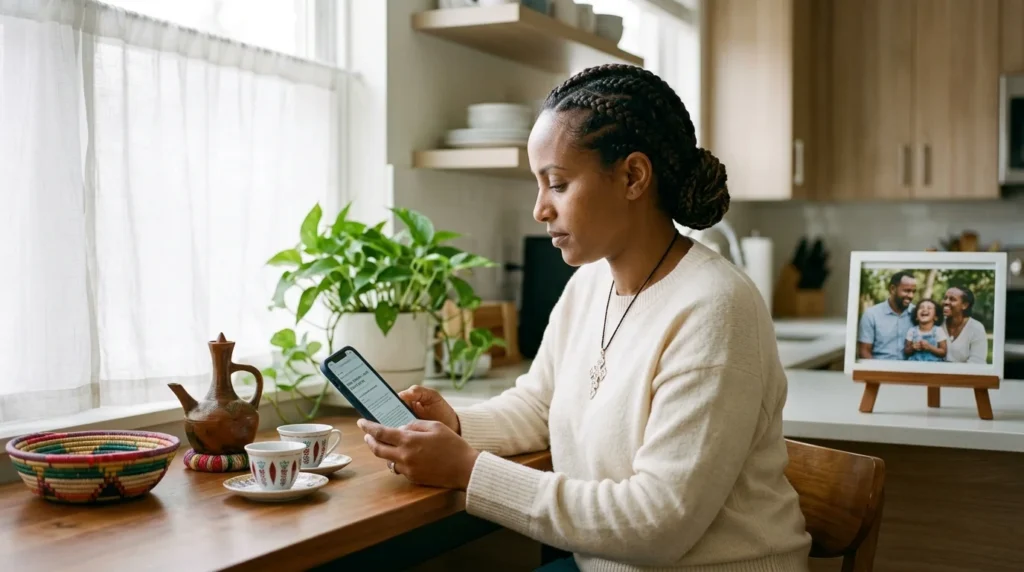 Ethiopian-American sender using ShareMoney app to send money to CBE from the USA