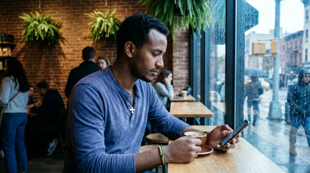Ethiopian-American sender using ShareMoney app to send money to telebirr from the USA