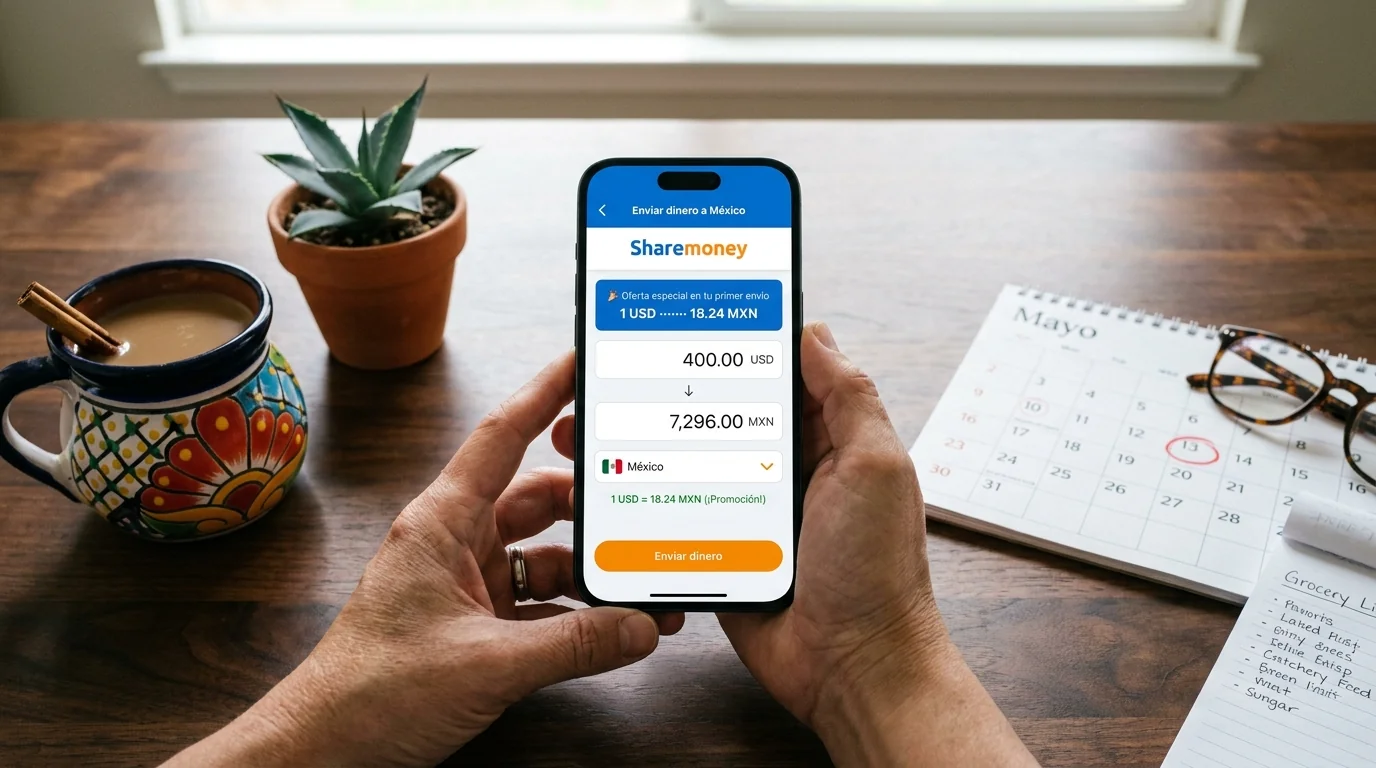 sharemoney app showing options for sending money to mexico from the usa