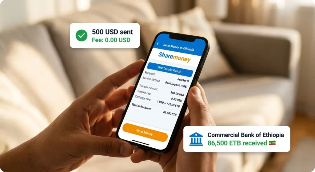 ShareMoney app showing the cheapest way to send money to Ethiopia via bank deposit with zero first transfer fee