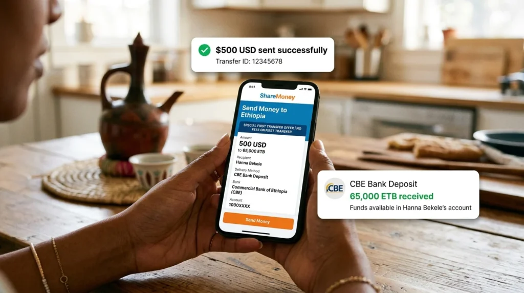 ShareMoney app showing send money to CBE Commercial Bank of Ethiopia from the USA