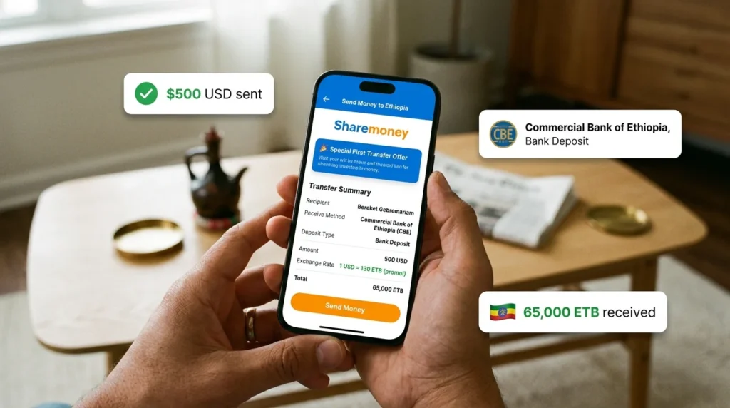 ShareMoney app showing send money to Ethiopia via Commercial Bank of Ethiopia (CBE) bank deposit