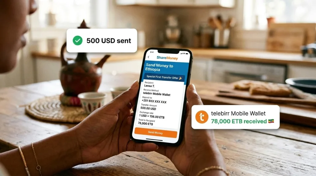ShareMoney app showing send money to telebirr mobile wallet in Ethiopia from the USA