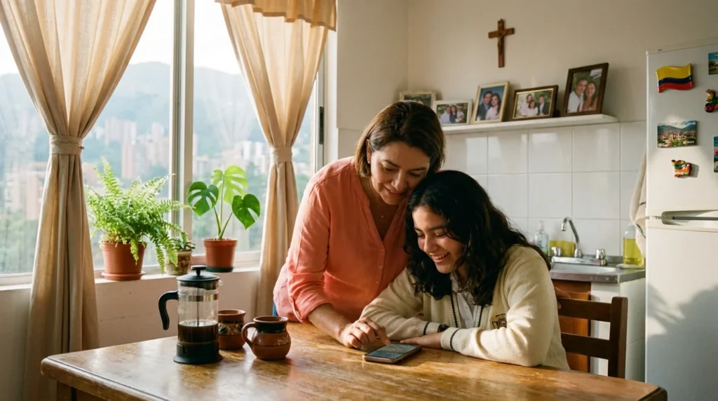 Mother and daughter in Medellín receiving a remittance from family in the United States