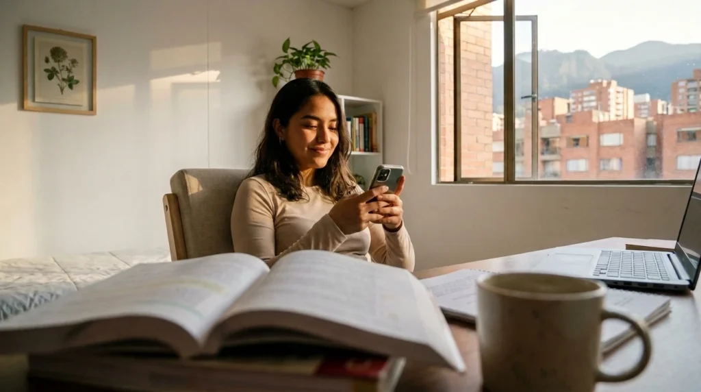 Cheapest way to send money to Colombia from the USA: Colombian university student in Bogotá receives a money transfer notification on her phone while studying