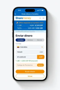 How to send money to Colombia from the USA — ShareMoney app showing a transfer in Colombian pesos with the live USD to COP rate