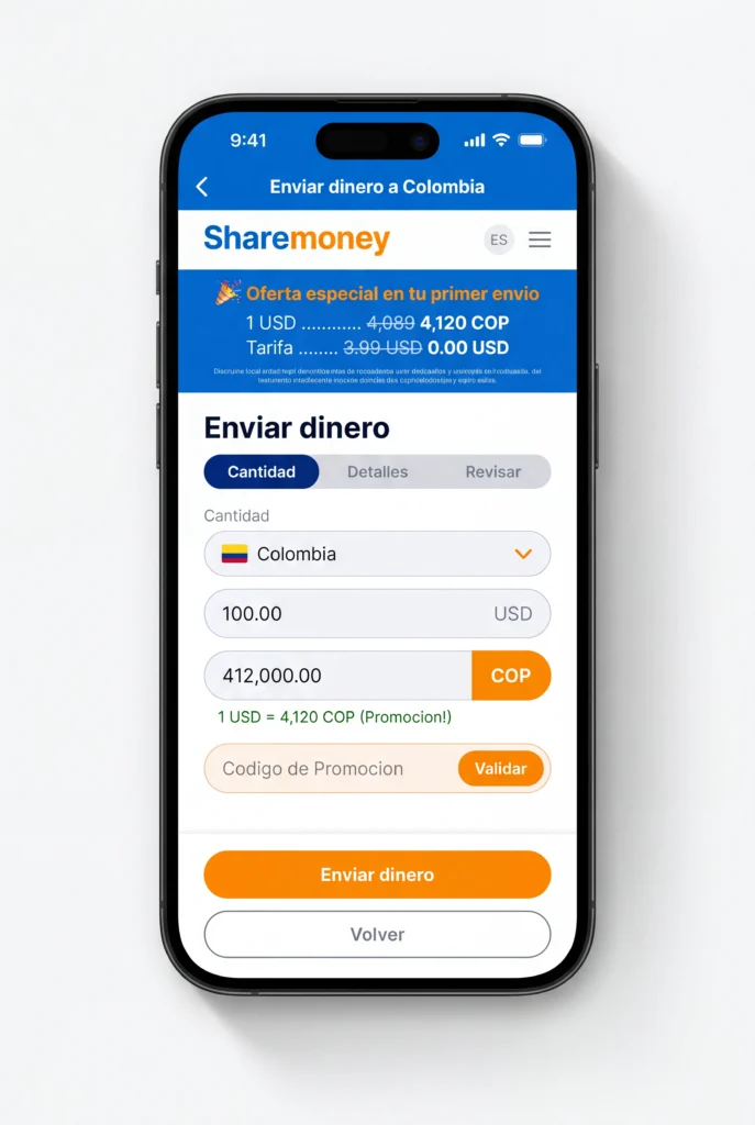 How to send money to Colombia from the USA — ShareMoney app showing a transfer in Colombian pesos with the live USD to COP rate