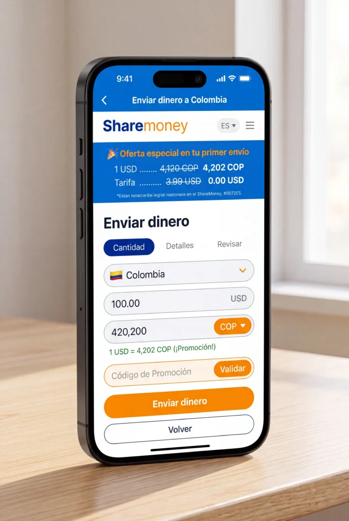 ShareMoney app showing the cheapest way to send money to Colombia from the USA: 100 USD converting to 420,200 COP with first transfer free and zero fee